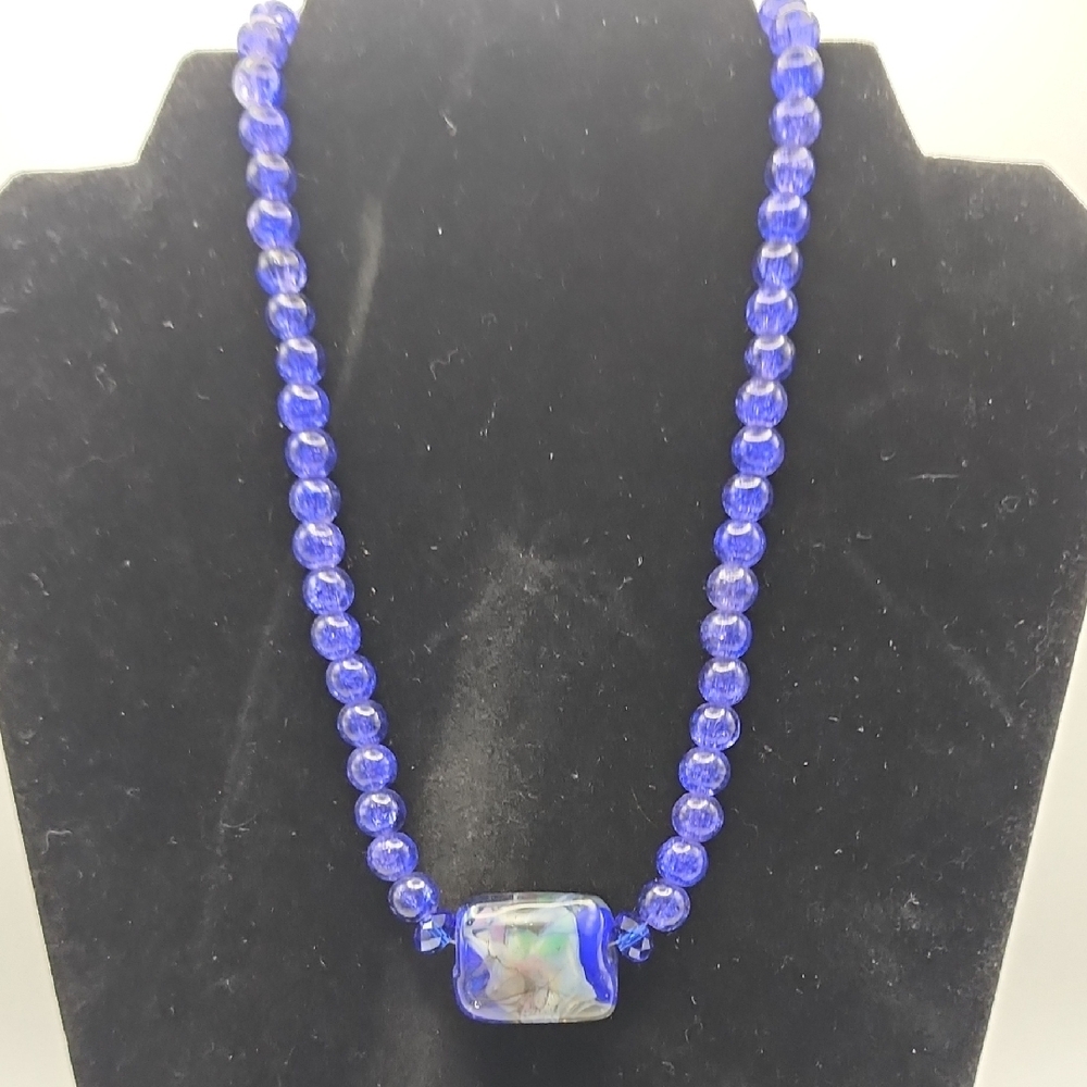 Blue Beaded Necklace with‎ Artistic Pendant - HANDMADE